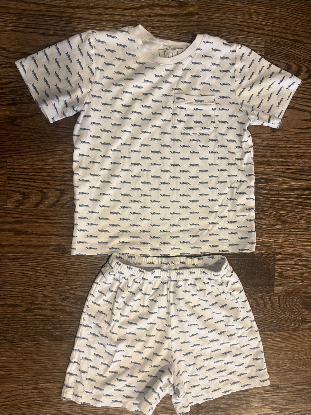Lila and Hayes Boy White & Blue Short Sleeve Pajama Set - Pocket Tee and Shorts